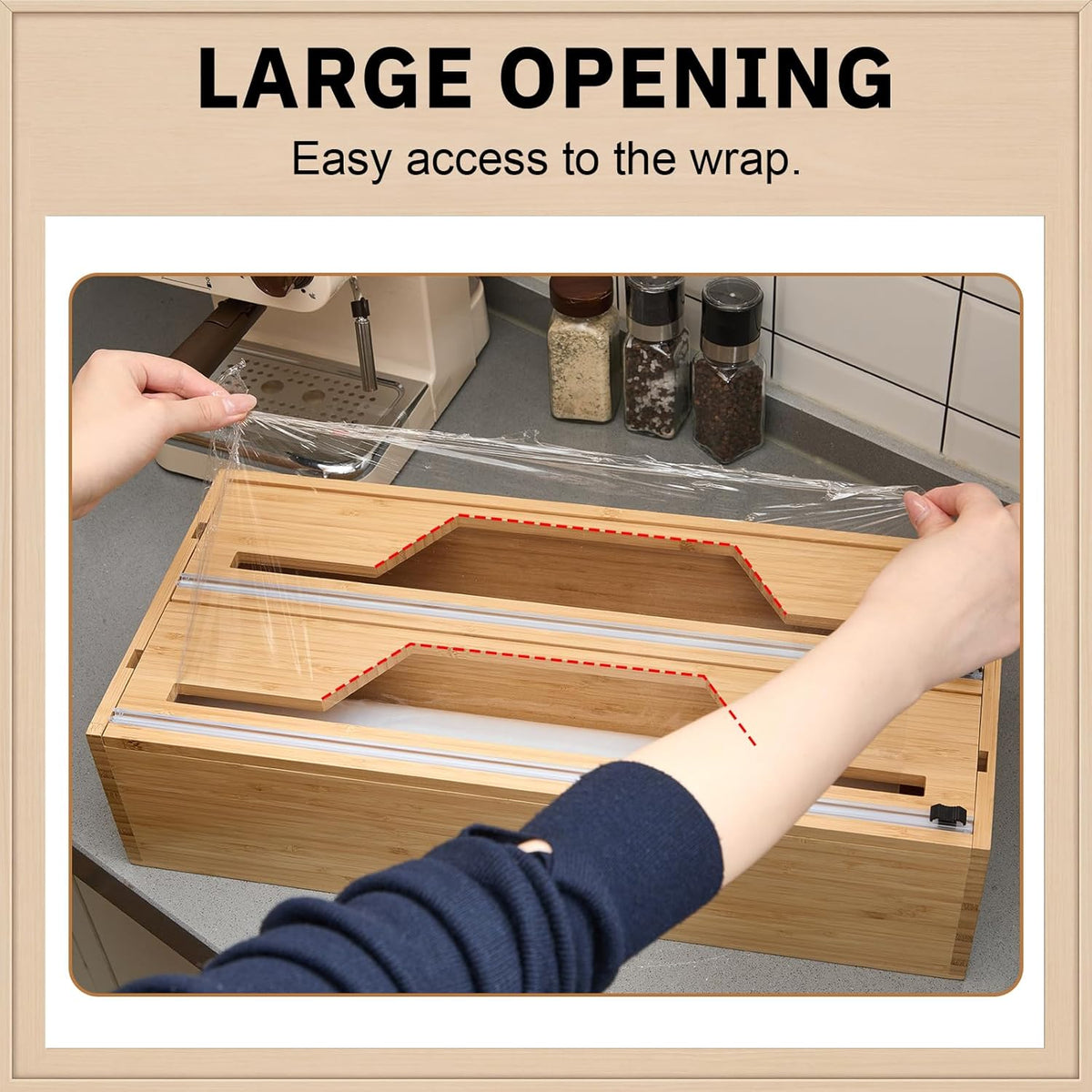 Wesiti 18 Inch Large Plastic Wrap Organizer & Dispenser with Cutter 2 in 1 Aluminum Foil Saran Wrap Butcher Parchment Paper Dispenser Bamboo Wall Mount Tin Wax Cling Organizer for Kitchen Countertop
