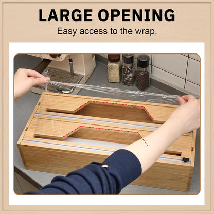 Wesiti 18 Inch Large Plastic Wrap Organizer & Dispenser with Cutter 2 in 1 Aluminum Foil Saran Wrap Butcher Parchment Paper Dispenser Bamboo Wall Mount Tin Wax Cling Organizer for Kitchen Countertop