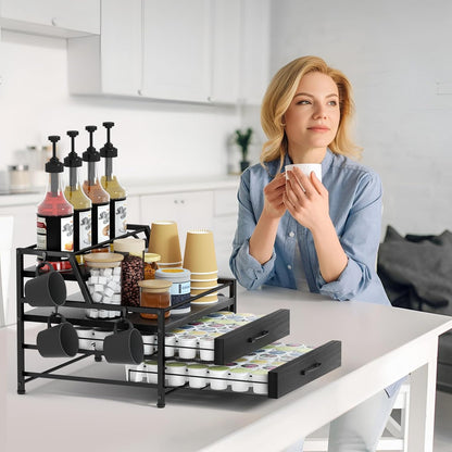 Homsorout Coffee Syrup Rack Organizer - 4-Tier 8 Syrup Wine Bottles Stand with 82 Storage Drawer for K Cups, Coffee Pod Holder for Countertop, Bar Station, Kitchen, Rustic Brown