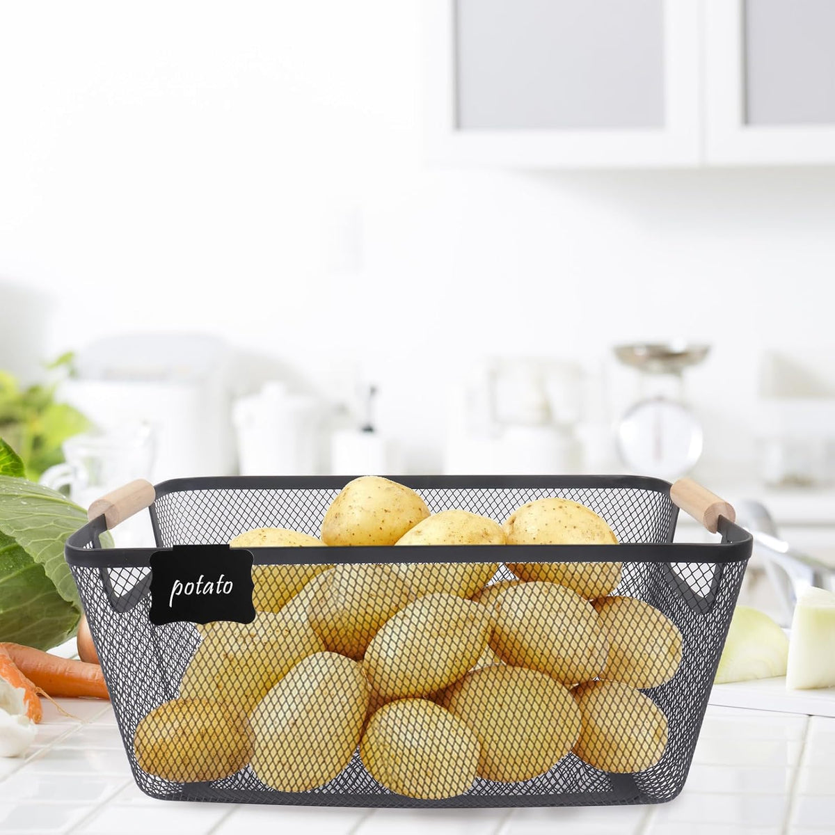 Potato and Onion Storage Bin, 2 Set Potato Bin Storage and Onion Container with Wooden Handle, Pantry Kitchen Organization and Storage, Metal Mesh Baskets for Fruit, Vegetable, Produce-Black