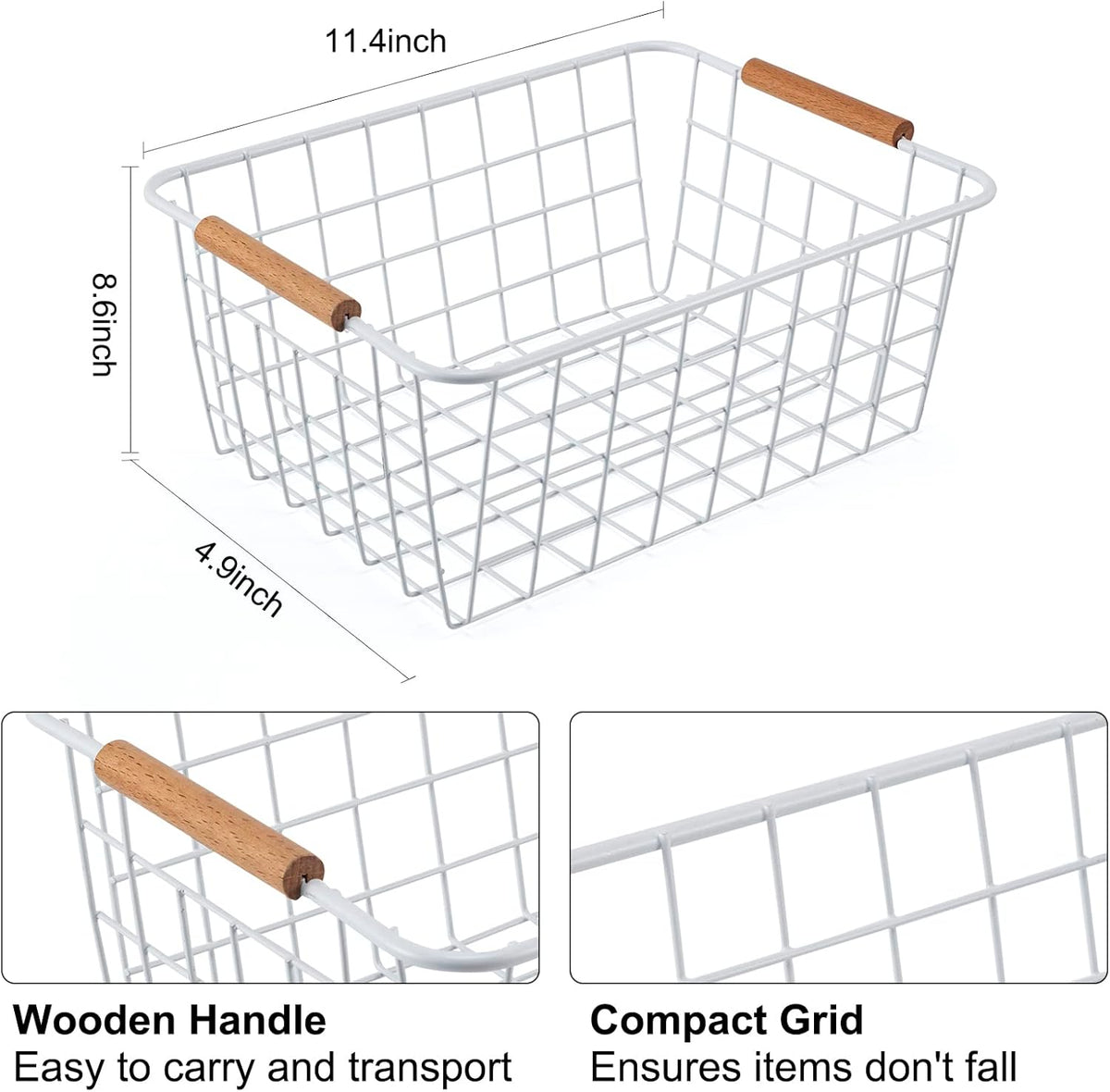 Black Wire Storage Baskets with Wooden Handles - Organizing Pantry and Kitchen Cabinets - Metal Wire Food Storage Basket