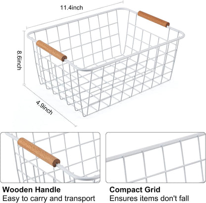 Black Wire Storage Baskets with Wooden Handles - Organizing Pantry and Kitchen Cabinets - Metal Wire Food Storage Basket