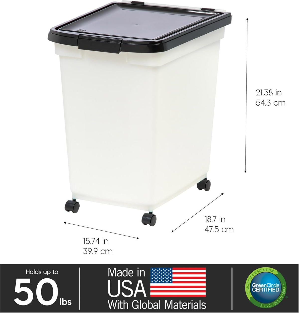 IRIS USA Airtight Dog Food Storage Container, WeatherPro, Up to 50 lbs, Removable Wheels, for Dog Cat Bird and Other Pet Food Storage Bin, Keep Fresh, Translucent Body, Made in USA, Clear/Gray