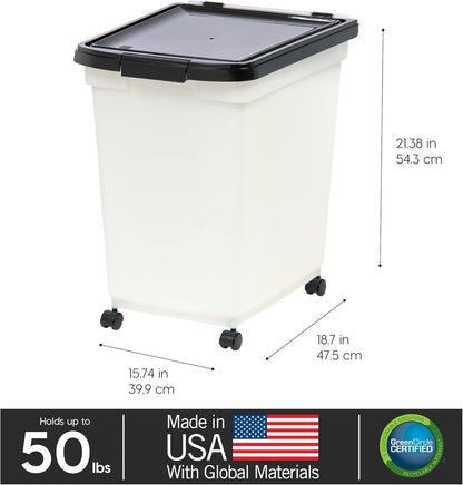 IRIS USA Airtight Dog Food Storage Container, WeatherPro, Up to 50 lbs, Removable Wheels, for Dog Cat Bird and Other Pet Food Storage Bin, Keep Fresh, Translucent Body, Made in USA, Clear/Gray