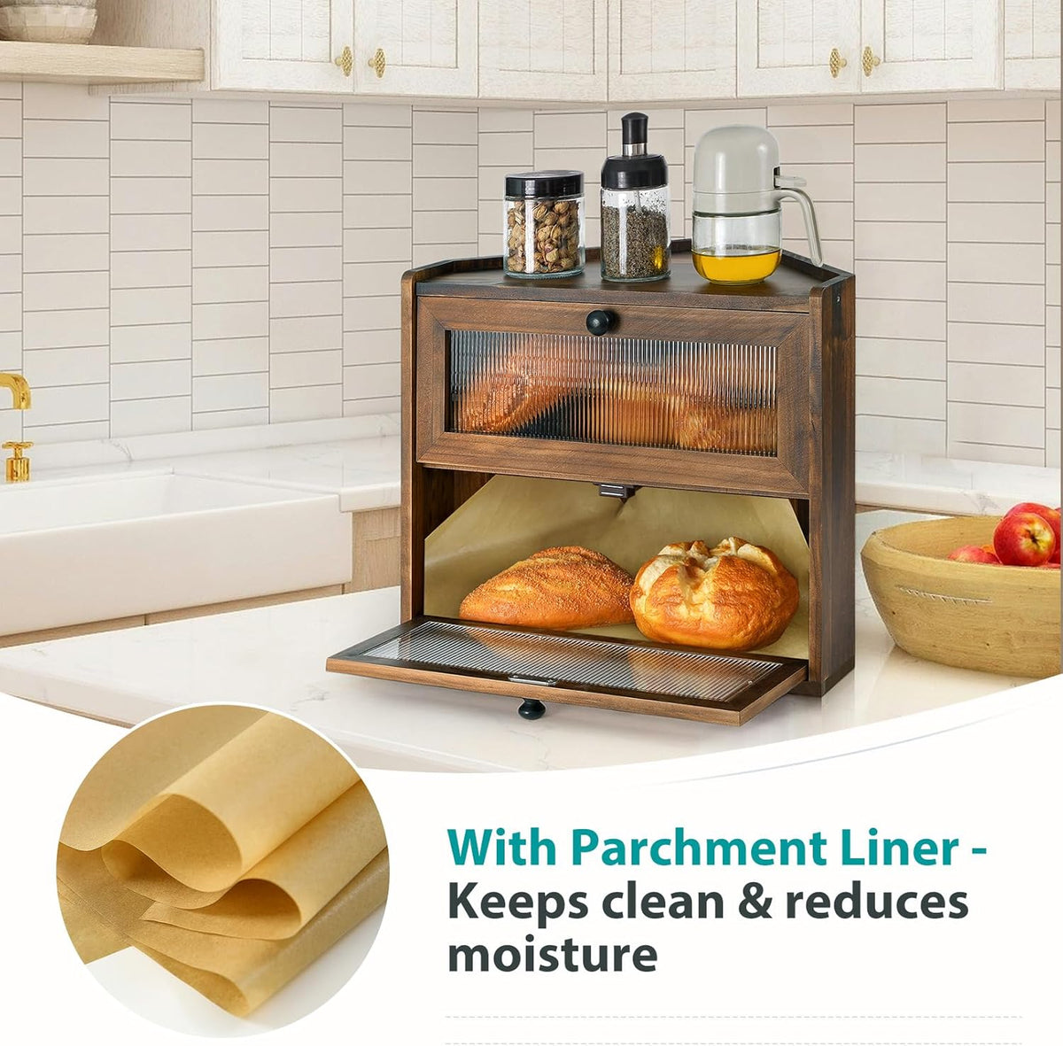 Sunhoo Bread Box for Kitchen Countertop Corner Large Wooden Bread Bin 2 Tier Rustic Food Storage Container with Acrylic Window Farmhouse Keeper Shelf Organizer for Loaves Pastries & Snacks (Brown)