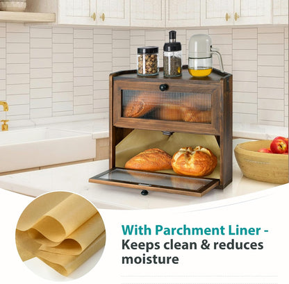 Sunhoo Bread Box for Kitchen Countertop Corner Large Wooden Bread Bin 2 Tier Rustic Food Storage Container with Acrylic Window Farmhouse Keeper Shelf Organizer for Loaves Pastries & Snacks (Brown)