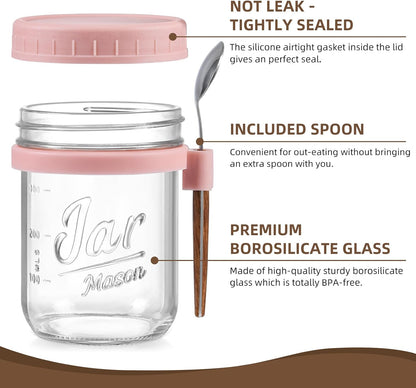 4 Pack Overnight Oats Containers with Lids and Spoons, 16 oz Glass Mason Jars with Airtight Lids, Overnight Oats Jars for Milk, Cereal, Fruit