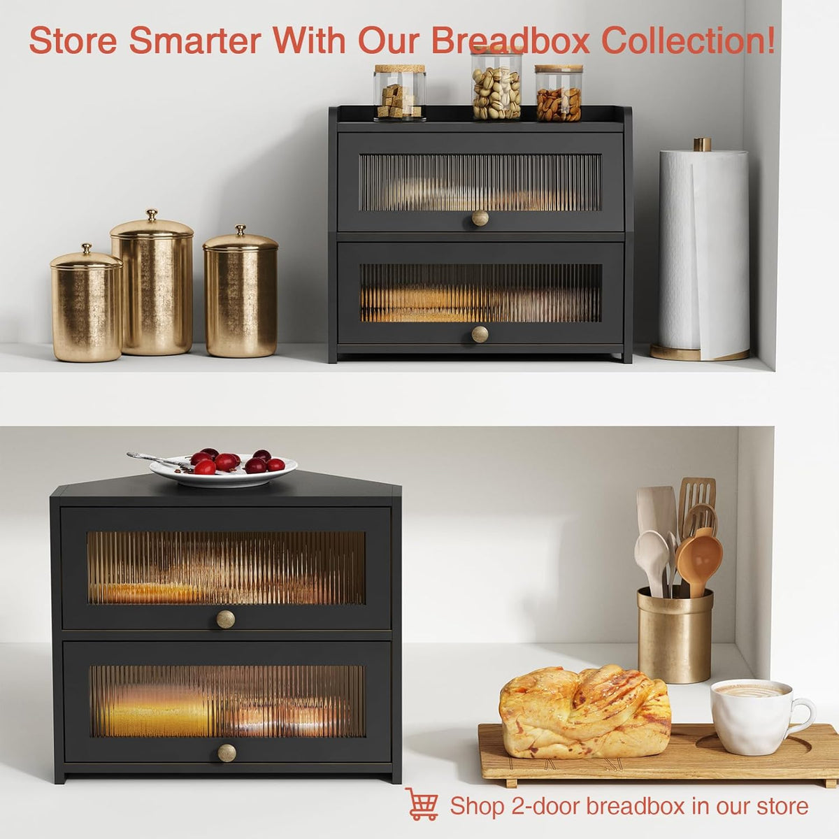 Goozii Corner Bread Box for Kitchen Countertop, Double Layer Large Breadbox for Counter Top, 2 Tier Wooden Farmhouse Homemade Bread Storage Container Holder Keeper for Cabinet (Black Bamboo Wood)
