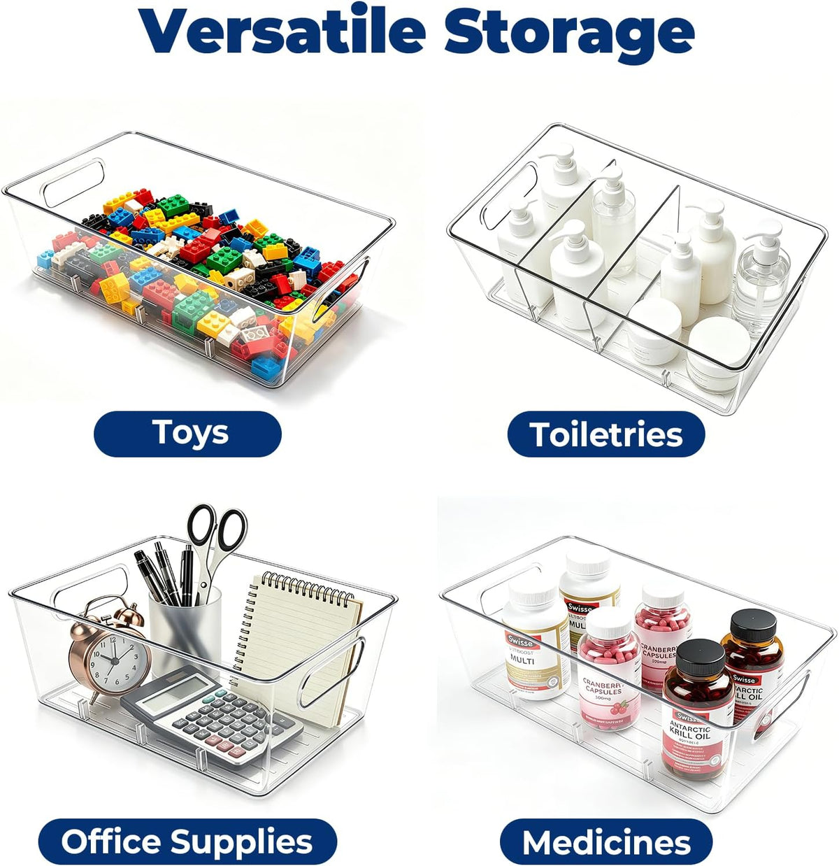 Pantry Organizers and Storage, Food Storage Containers with 3 Removable Divider for Kitchen, Fridge, Cabinet Organization, Clear Plastic Storage Bins for Snacks, Spice Packets, Packets, Pouches