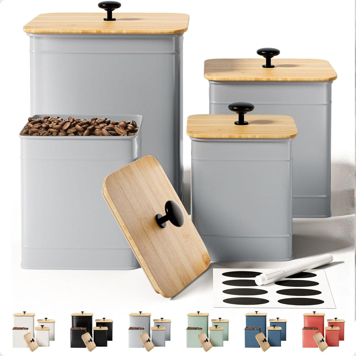 Kitchen Canisters for Countertop Set of 4 with Customizable Chalkboard Labels & Marker Pen - Big Iron Kitchen Canisters with Airtight Lids - Black Canister Set - Flour and Sugar Containers Farmhouse