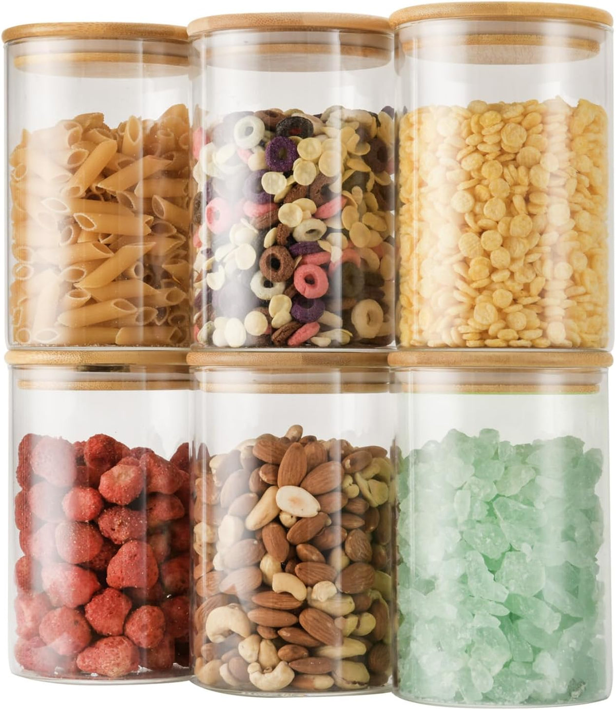 D2scrma 22oz Straight cylindrical Airtight Storage Jars with Bamboo Lid Set of 6 Storage Container Stackable Spice Jar, Kitchen Canister for Sugar, Tea, Cookies and Coffee beans (with Black Lable)