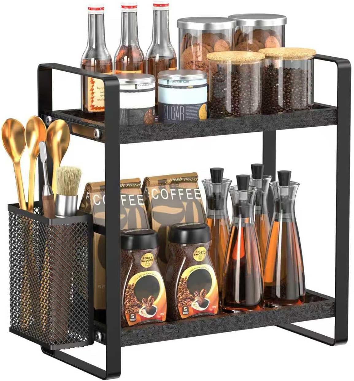 LEMIKKLE 2-Tier Coffee Bar Organizer With Basket,Wooden Counter Shelf for Coffee Bar Accessories,Kitchen Spice Rack Organizer for Countertop-Brown
