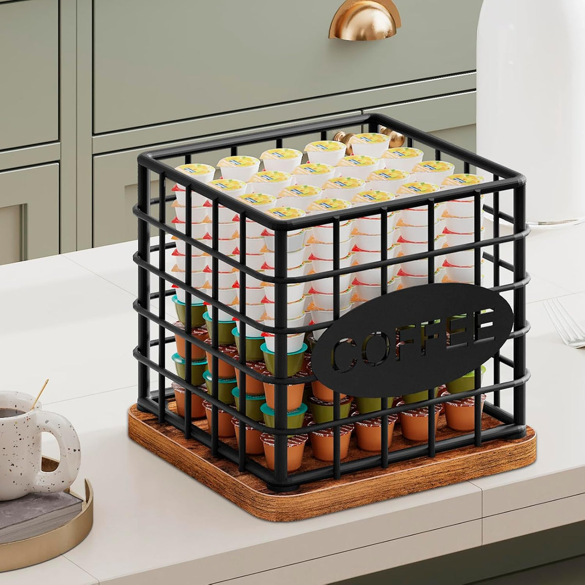 YATINEY Coffee Pod Holder for K Cup, Large Capacity Coffee Pod Organizer, Versatile Coffee Capsule Storage Basket with Wooden Base, White KH10WN