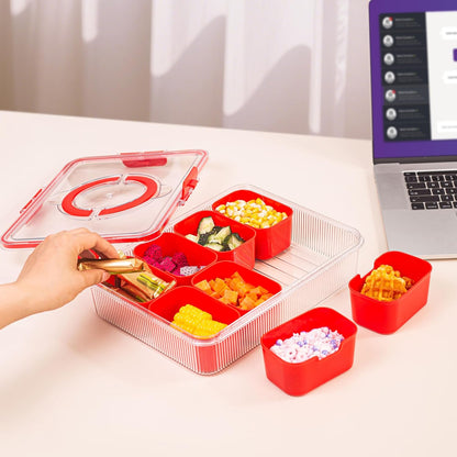 Patent Design Ribbed Snackle Box Container Snack Container Divided Serving Tray with Lid and Handle, 8 Divider Portable Snacklebox for Travel Beach for Charcuterie Veggie Fruit Candy,1 Pack