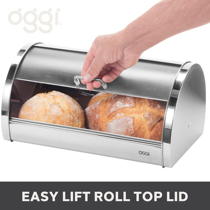 Oggi Stainless Steel Roll Top Bread Box for Kitchen Countertop with Tempered Glass Lid - Fits Multiple Large Loaves of Bread and Other Freshly Baked Goods Including Cookies, Bagels, Muffins