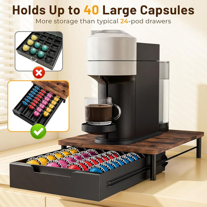 Coffee Pod Drawer Organizer for Nespresso Vertuo, Patented Flexible Slot Design Holds Up to 40 Large Capsules, Rustic Wood Look, Fits Under Coffee Machines