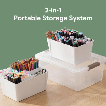MACOPRO 17 QT Plastic Storage Box with Removable Tray, Bins with Lids, Clear Storage Container for Craft Supplies, Beads, Tools, Sewing, and Playdoh Organization (White, -17QT)