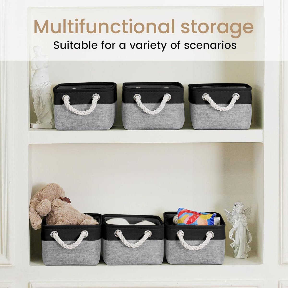 Large Storage Baskets- 15.7x11.8x8.26 inch Storage Bins for Shelves and Closet Organizing, Foldable Fabric Bin for Home Organization Clothes and Laundry (3-Pack, White&Khaki)