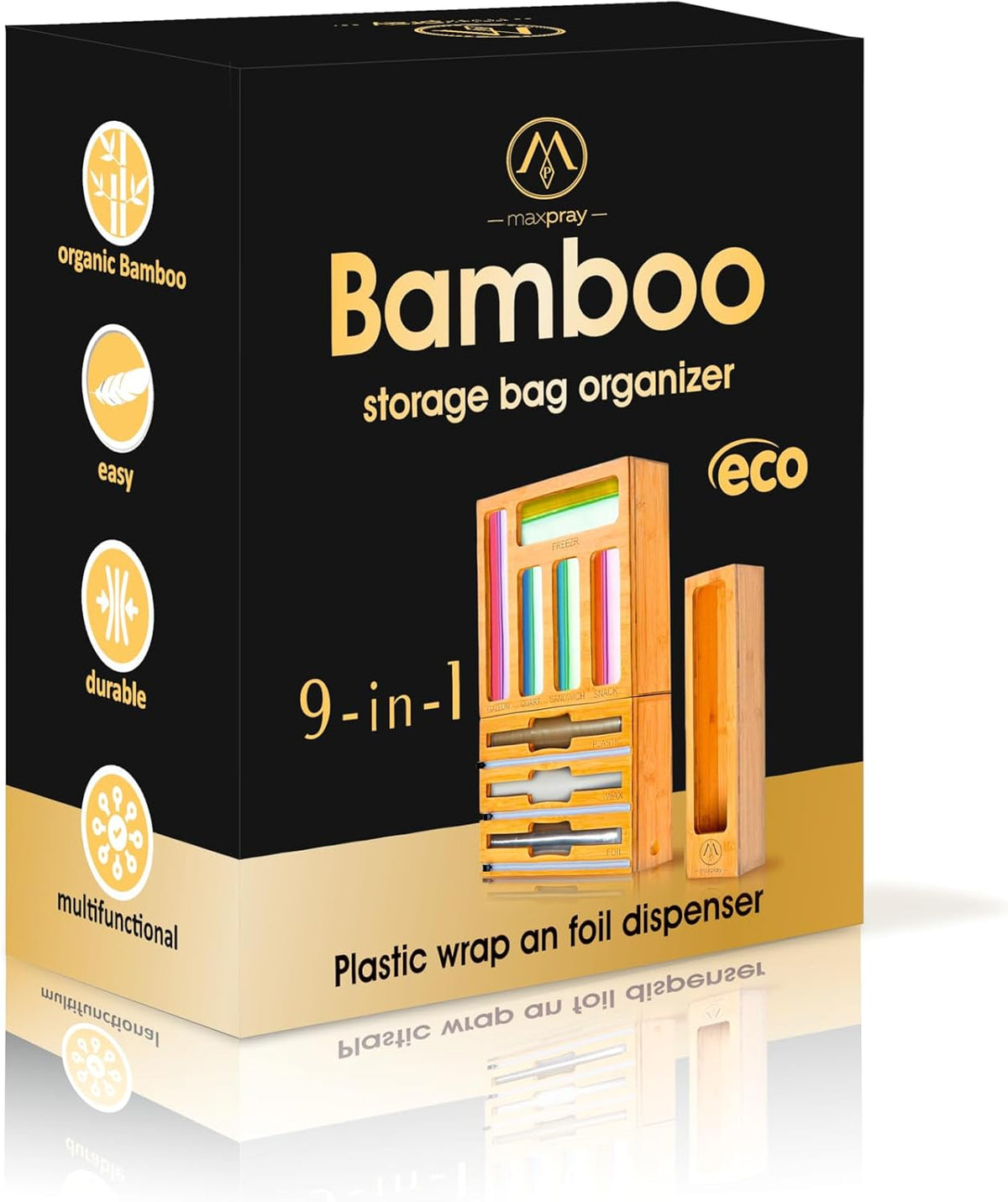 3 in 1 Wrap Organizer with Cutter and Labels, Plastic Wrap, Aluminum Foil and Wax Bamboo Dispenser for Kitchen Storage Organization Holder for 12" Roll (Natural)