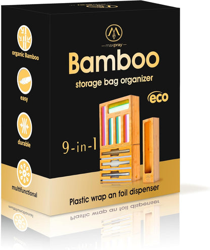 3 in 1 Wrap Organizer with Cutter and Labels, Plastic Wrap, Aluminum Foil and Wax Bamboo Dispenser for Kitchen Storage Organization Holder for 12" Roll (Natural)