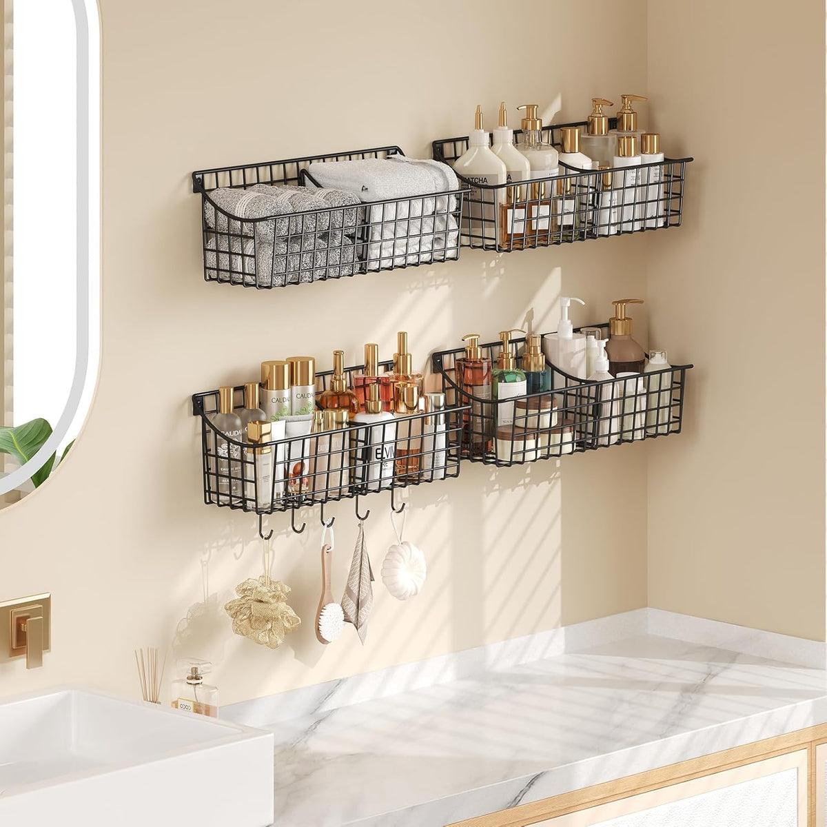 Sonyabecca 6 Pack Hanging Wall Basket for Organizing, Large Wire Basket for Storage Pantry with 5 S Hook+6 Adhesive Hook, Wall Mounted Shelf for Kitchen Bathroom