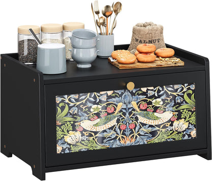 Trironsun Bread Box for Kitchen Counter Black Bread Storage Container with Acrylic Door William Morris Flower Bird Design Farmhouse Breadbox Organizer (Black)