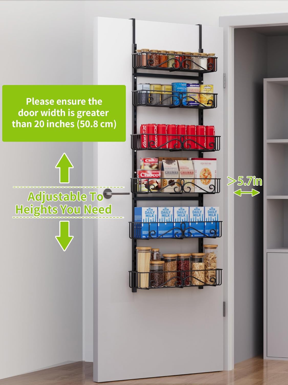 6-Tier Over the Door Pantry Organizer, Pantry Organization And Storage, Hanging Storage Organizer Spice Rack Metal Shelving for Home & Kitchen, Office Laundry Room Bathroom Black