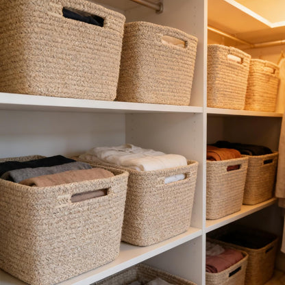 3 Pack Woven Rope Storage Baskets for Shelves,13.5"×11"×9.5" Storage Bins with Handles,Empty Gift Baskets,Nursery Organizer for Toys,Towels,Books,Closet,Living Room,Bedroom (White & Brown)