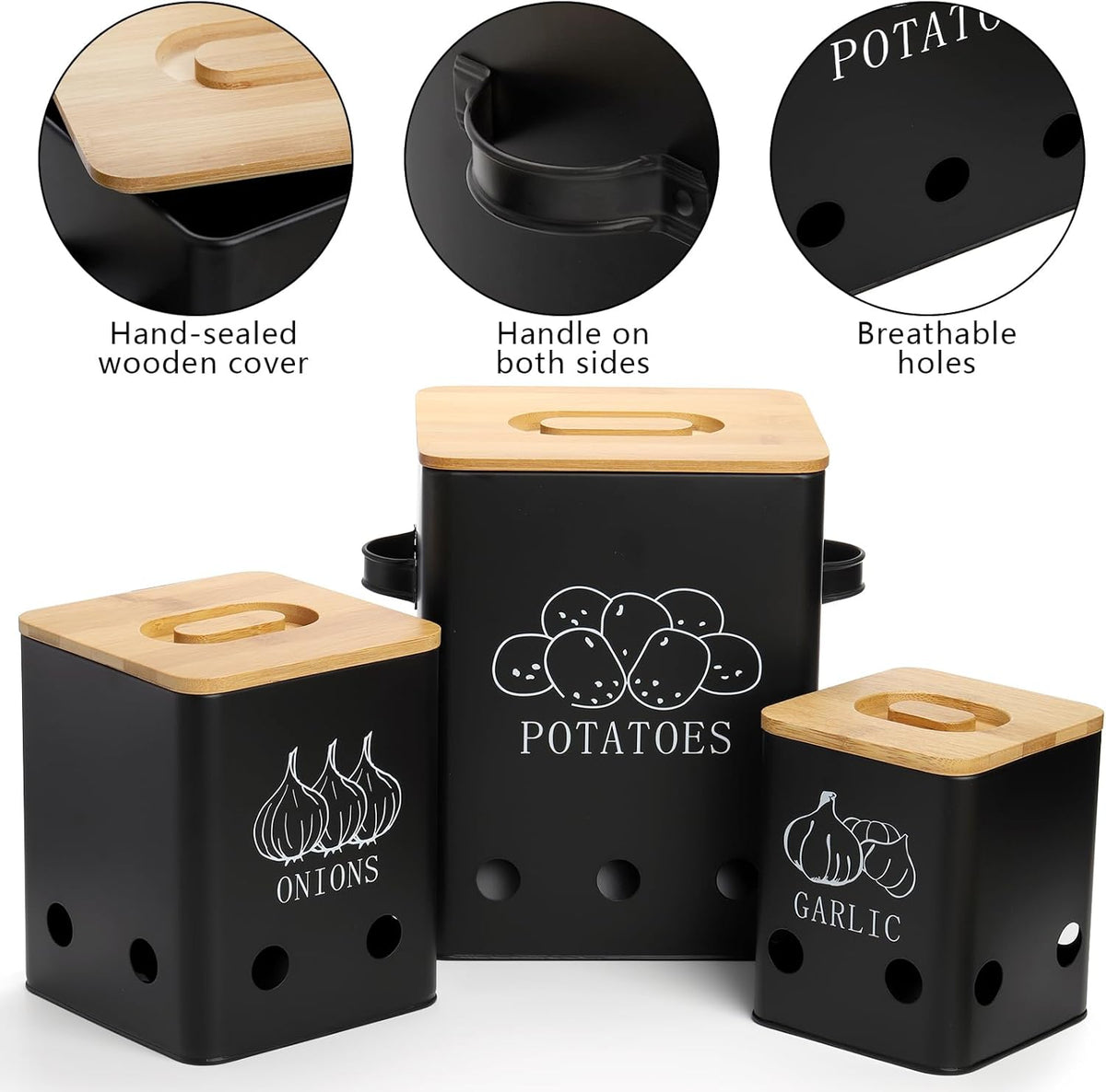 WUWEOT 3 Pack Vegetable Storage Tins, Potato Onion Garlic Storage Canister, Black Metal Vegetable Fresh Keeper Caddy, Kitchen Pantry Organizer Jars with Bamboo Lid and Aerating Holes