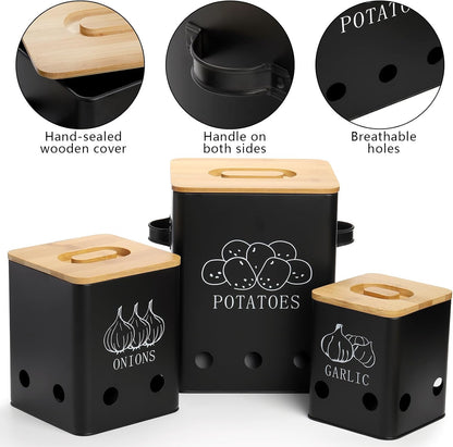 WUWEOT 3 Pack Vegetable Storage Tins, Potato Onion Garlic Storage Canister, Black Metal Vegetable Fresh Keeper Caddy, Kitchen Pantry Organizer Jars with Bamboo Lid and Aerating Holes