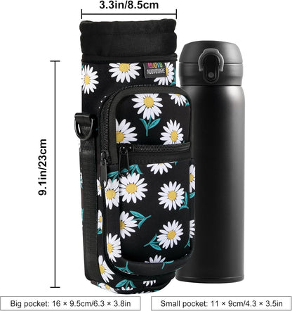 Nuovoware Water Bottle Carrier Bag,25oz/40oz/64oz Bottle Pouch Holder,Adjustable Shoulder Hand Strap 2 Pocket Sling Neoprene Sleeve Sports Accessories for Hiking Travelling Camping