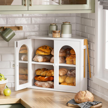 WOWLIVE Corner Bread Box for Kitchen Countertop, 2 Tier Bamboo Bread Storage Container for Homemade Bread with Clear Acrylic Door Panel, Large Bread Bin Farmhouse Breadbox Organizer (Black, Medium)