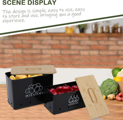 Potato and Onion Storage Bin Set of 2, Vented Metal Vegetable Storage with Wooden Lids, Farmhouse Kitchen Canisters for Countertop Pantry Organizer, Potato Bin Onion Holder for Produce Storage, Black