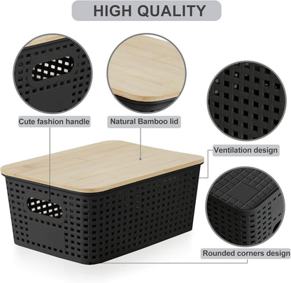 Bagnizer Small Plastic Storage Bins with Bamboo Lids 5.2qt Stackable Box Basket Pantry Decorative Containers Cute with Labels for Organizing Desktop Closet Office Cream White of 10*7.2*4.1"