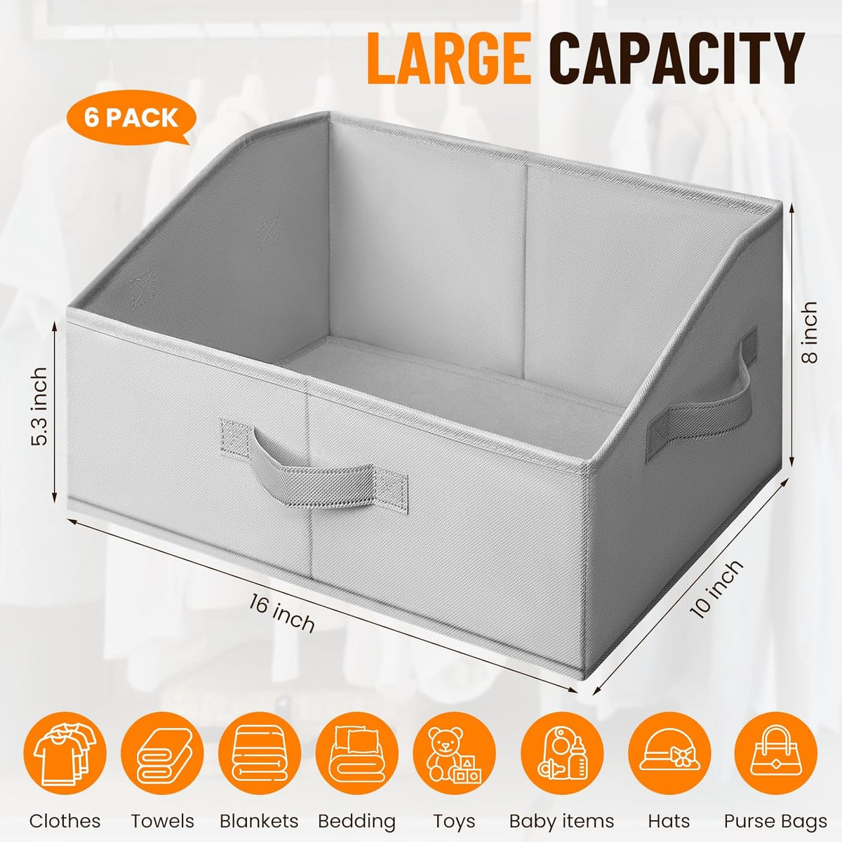 Criusia Closet Organizers Bins - Large Collapsible Shelf Organizer with Handles - Fabric Trapezoid Home Organization and Storage Baskets for Organizing Clothes Toy Blanket Towel Purse Hats