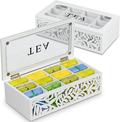 Tea Box Organizer,Wood Tea Organizers and Storage,12 Compartments Teas Bag Organizers,Teas Bag Holder Organizer,Wooden Storage Box for Countertop Kitchen Cabinet Pantry
