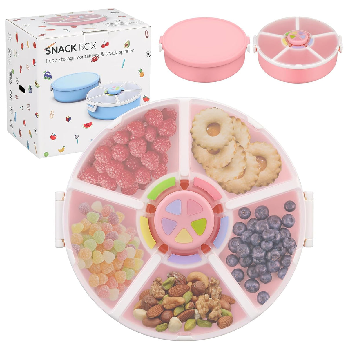 Pawtong Snack Rotator Container Reusable Snack Box with 5 Compartment Dispenser and Lid, Color Matching Opening Lid, BPA and PVC Free, for Home, School, Travel (Purple)