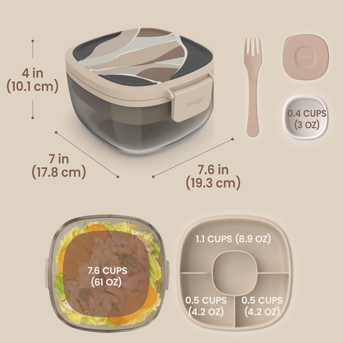Bentgo Glass Prints Salad Container - 7.6-Cup Tinted Glass Salad Bowl with Airtight Lid, Leak-Proof Sauce Container, 4-Compartment Bento Meal Prep Tray & Reusable Fork (Floral Maximalist - Sea)