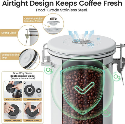 Veken Coffee Canister with Window, Family Choice Awards Winner, Airtight Stainless Steel Home Kitchen Food Storage Container with Lids for Grounds, Beans, Tea, Flour,Cereal,Sugar Jars,Scoop,16OZ,Black
