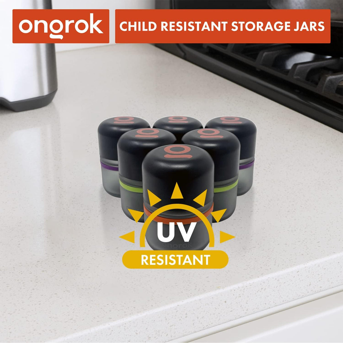 ONGROK Glass Storage Jar, 180ml | UV Herb/Spice Jar with Child‑Resistant Lid, Color‑Coded Glass Containers to Preserve Smell and Aroma