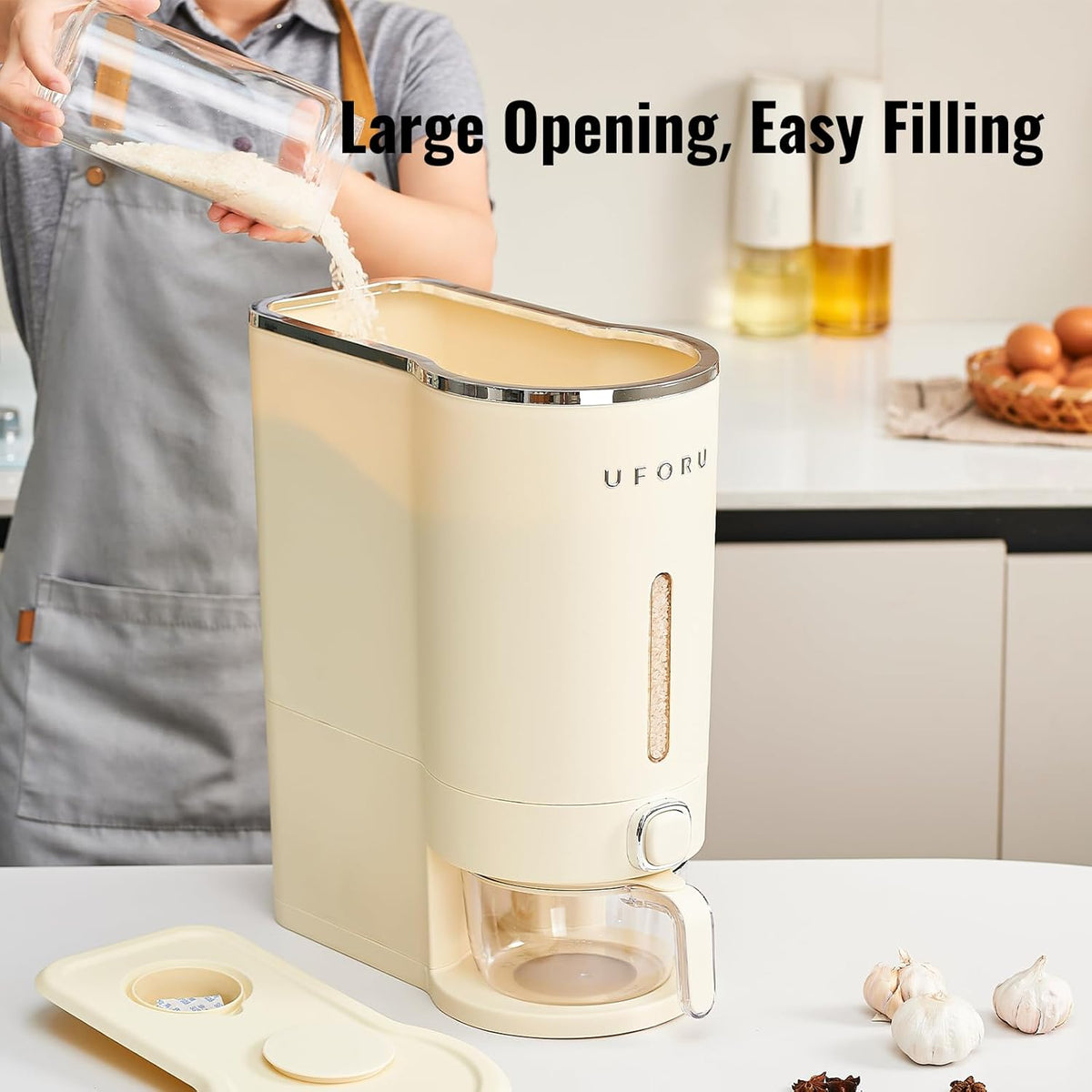 UFORU Rice Dispenser, Rice Storage Container with Measuring Cup for Kitchen Pantry Household, Cereal Dry Food Storage Containers Airtight, Sealed Moisture Proof (Brown 11 Lbs)
