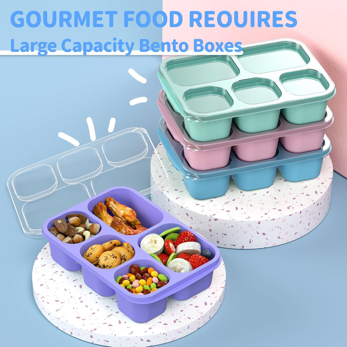 Bento Box Adult Lunch Box - 4 Pack, 5 - Compartment Meal Prep Container for Kids, Reusable Food Storage Snack Containers - Stackable for School, Work, and Travel (Wheat(Green/Blue/Pink/Beige))