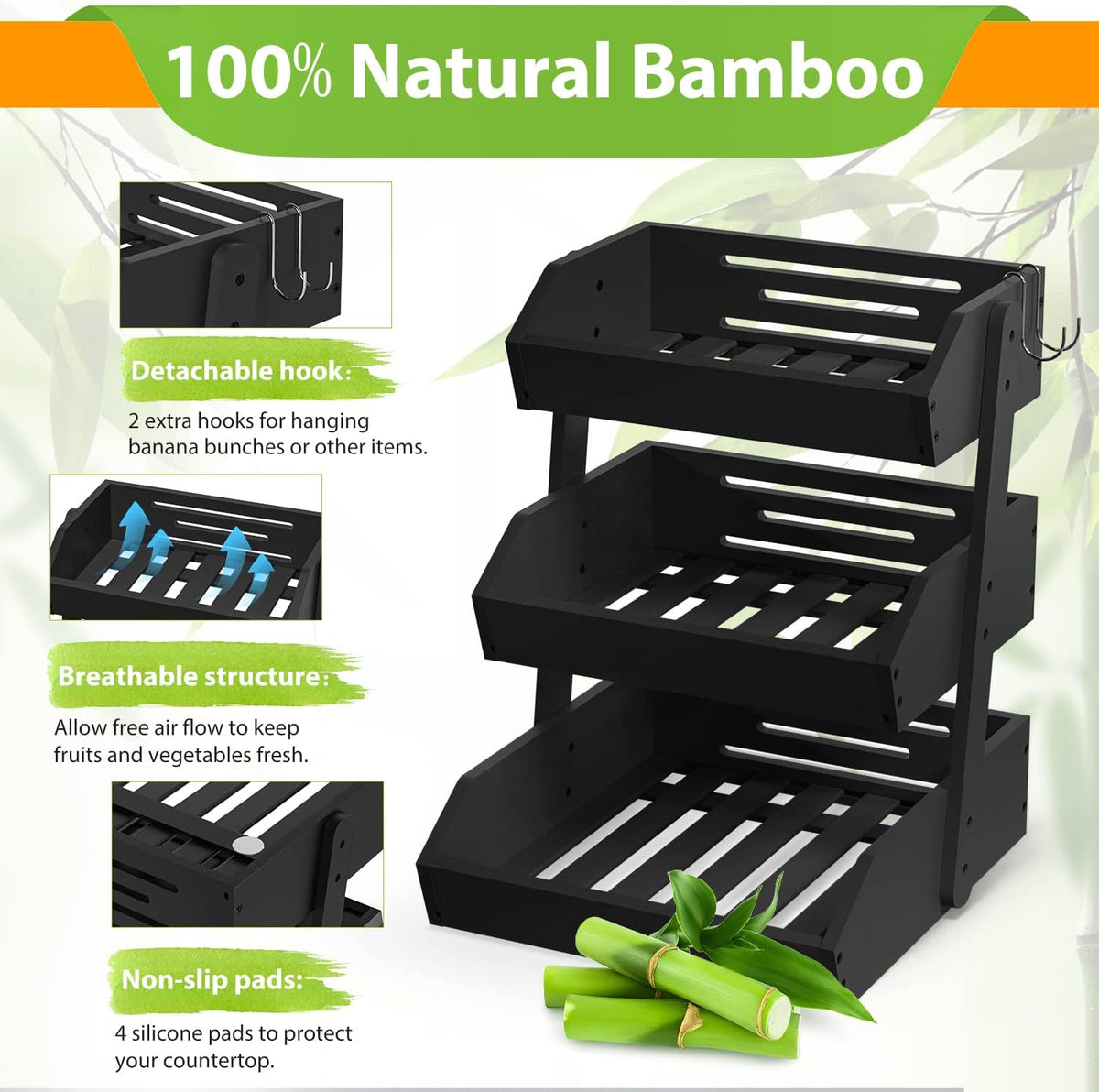 Gmtsl Bamboo Fruit Basket for Kitchen – 3 Tier Fruit Bowl For Kitchen Counter, Large Fruit Holder With 2 Banana Hangers, Idea For Fruit and Vegetable Storage, Bread Basket, Snack Organizer(BLACK)