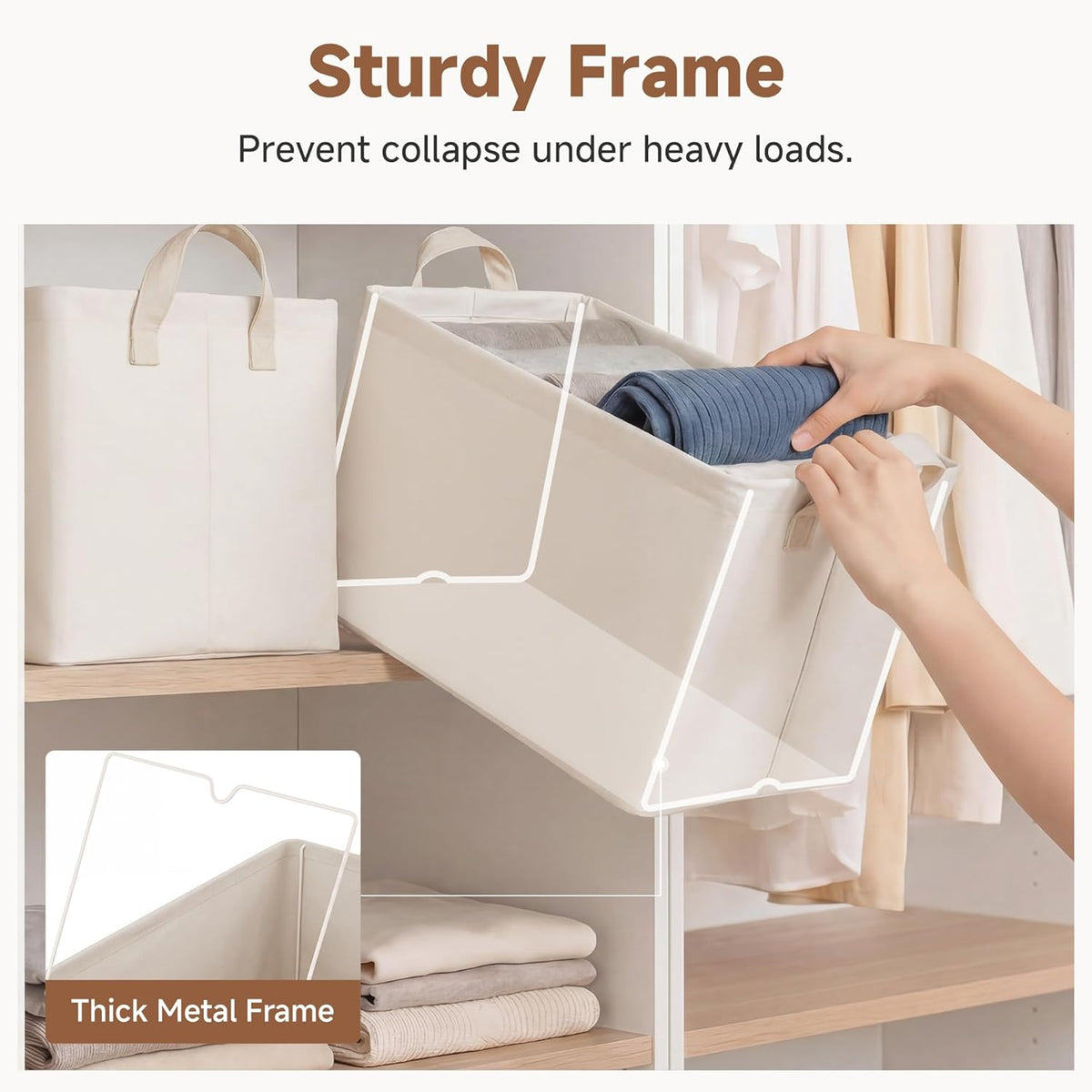 StorageWorks Storage Bins, Shelves Baskets for Organizing, Fabric Closet Organizers with Handles, Metal Frame, Beige-Cotton-linen, 2-Pack