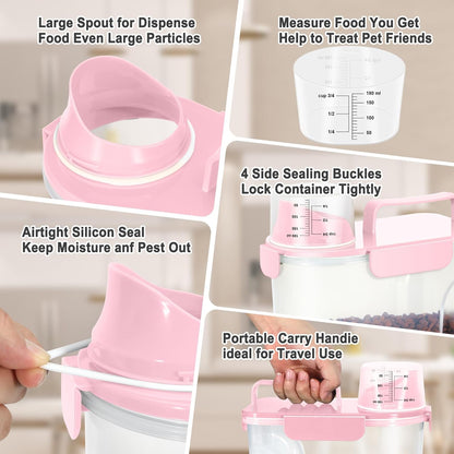 Dog Cat Food Storage Container 3-5lb, Pet Food Container Airtight with Large Spout & Cup, BPA-Free Plastic Food Dispenser for Pet Food, Bird Seed, Rice, Flour (Pink (3L-1pack))
