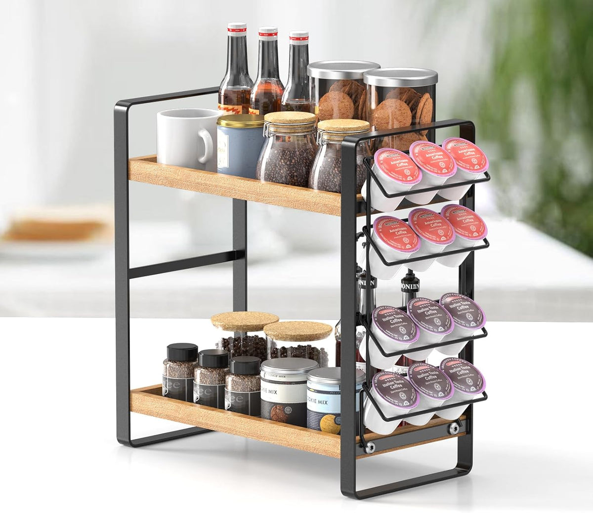 LEMIKKLE 2-Tier Coffee Bar Organizer With Basket,Wooden Counter Shelf for Coffee Bar Accessories,Kitchen Spice Rack Organizer for Countertop-Brown