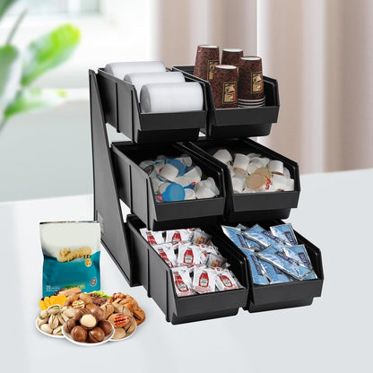6 Compartment Serve Condiment Bin, 3-Tier Self Serve Condiment Bin Stand, Plastic Containers Storage Bins, Countertop Condiment Organizer for Coffee Shops Restaurants Bars