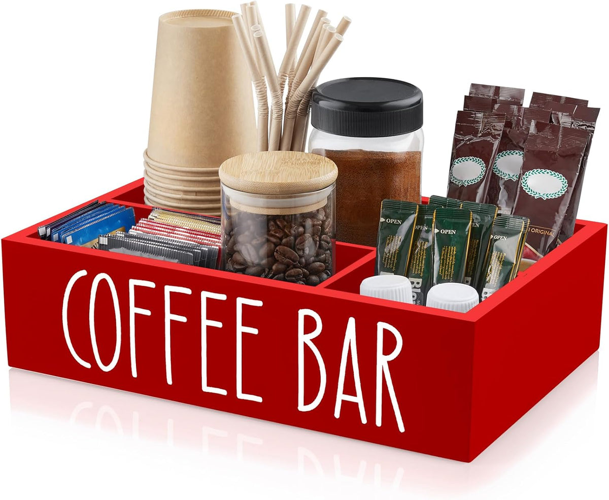 ALELION Coffee Station Organizer - Wood Countertop Accessories Organizer with Removable Dividers for Pods Condiment Syrup Tea Cups Stirrers - for Farmhouse Coffee Bar Decor