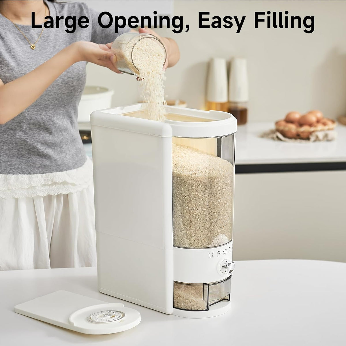 UFORU Rice Dispenser, Rice Storage Container with Measuring Cup for Kitchen Pantry Household, Cereal Dry Food Storage Containers Airtight, Sealed Moisture Proof (Brown 11 Lbs)