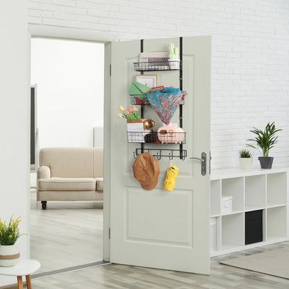 Over the Door Pantry Organizer 3 Tier Hanging Basket Back Door Storage Rack Shelf Metal Over the Door Shelves with 3 Baskets and 5 Hooks for Bathroom Kitchen Pantry Bedroom, Black